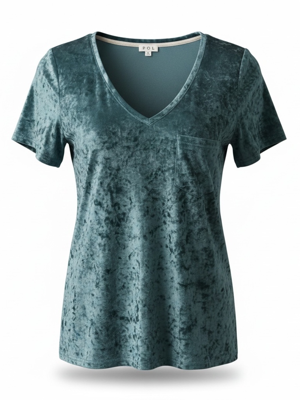 POL - Crushed Velvet V-Neck Pocket Tee - Jen - Blue Sage - Size S